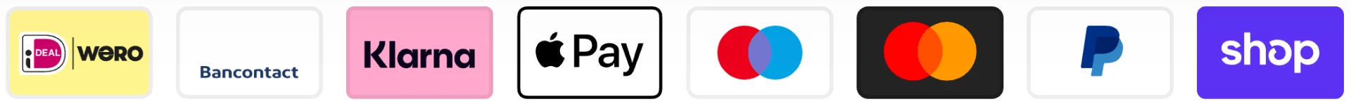 Betaalmethoden: iDEAL, Bancontact, Klarna, Apple Pay, Google Pay, Maestro, Mastercard, PayPal, Shop Pay en Visa